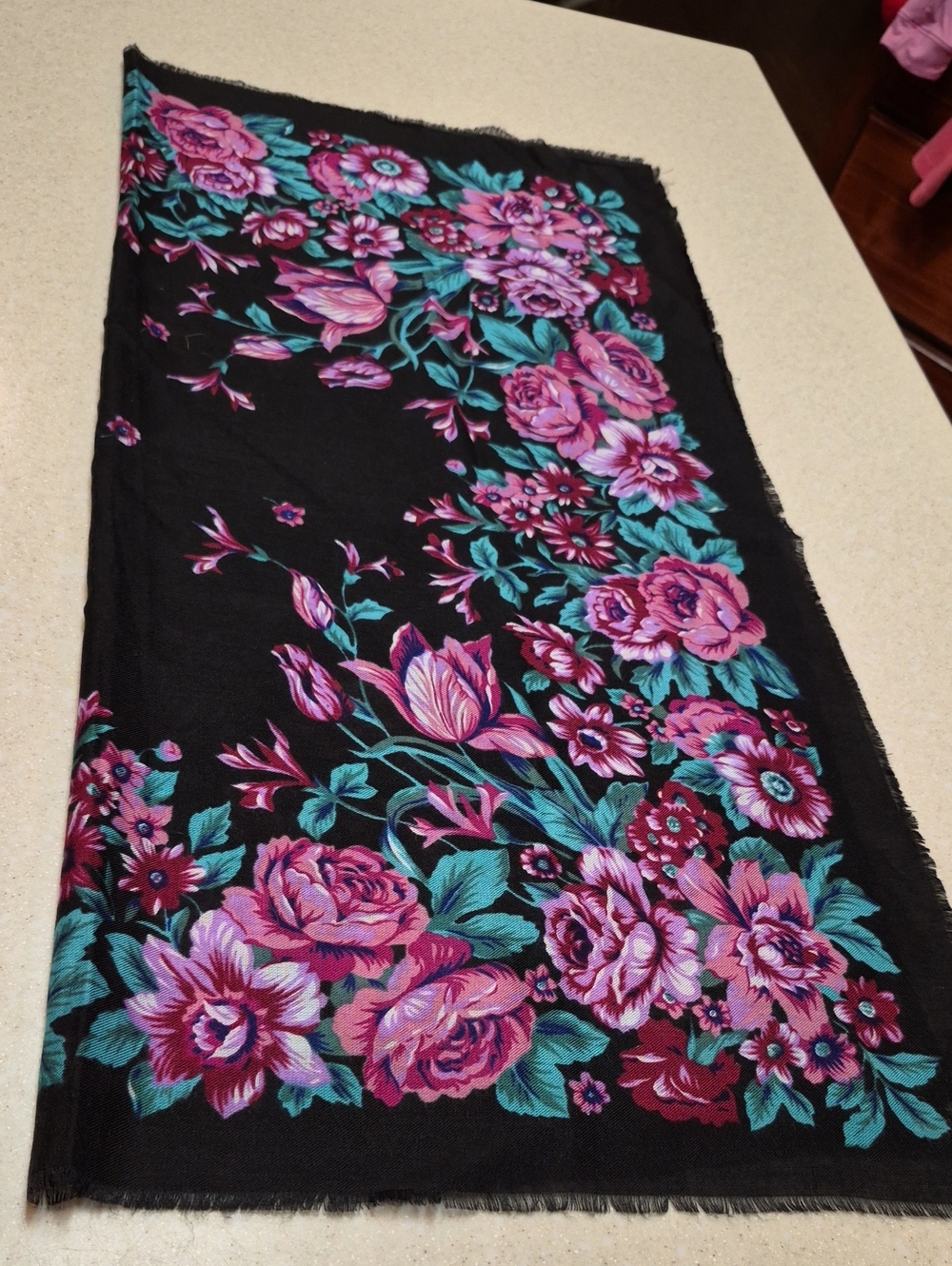 Vintage Slavic Floral Scarf Black Pink Turquoise Rose Babushka Folk Shawl 30 Inx